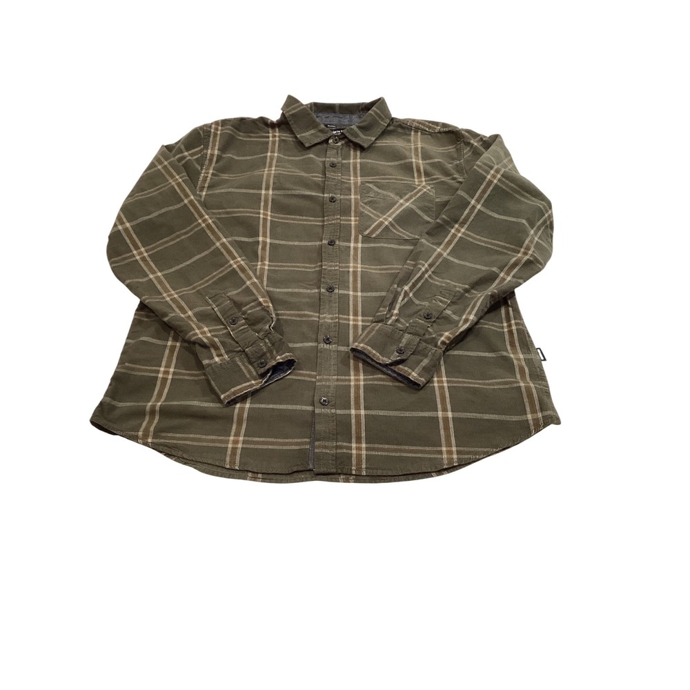 Kenneth Cole Men's Corduroy Button Down Shirt Olive Green Plaid ‎ Large